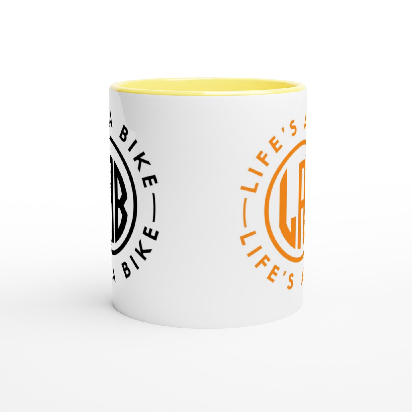 LAB White 11oz Ceramic Mug with Color Inside - Orange & Black logo