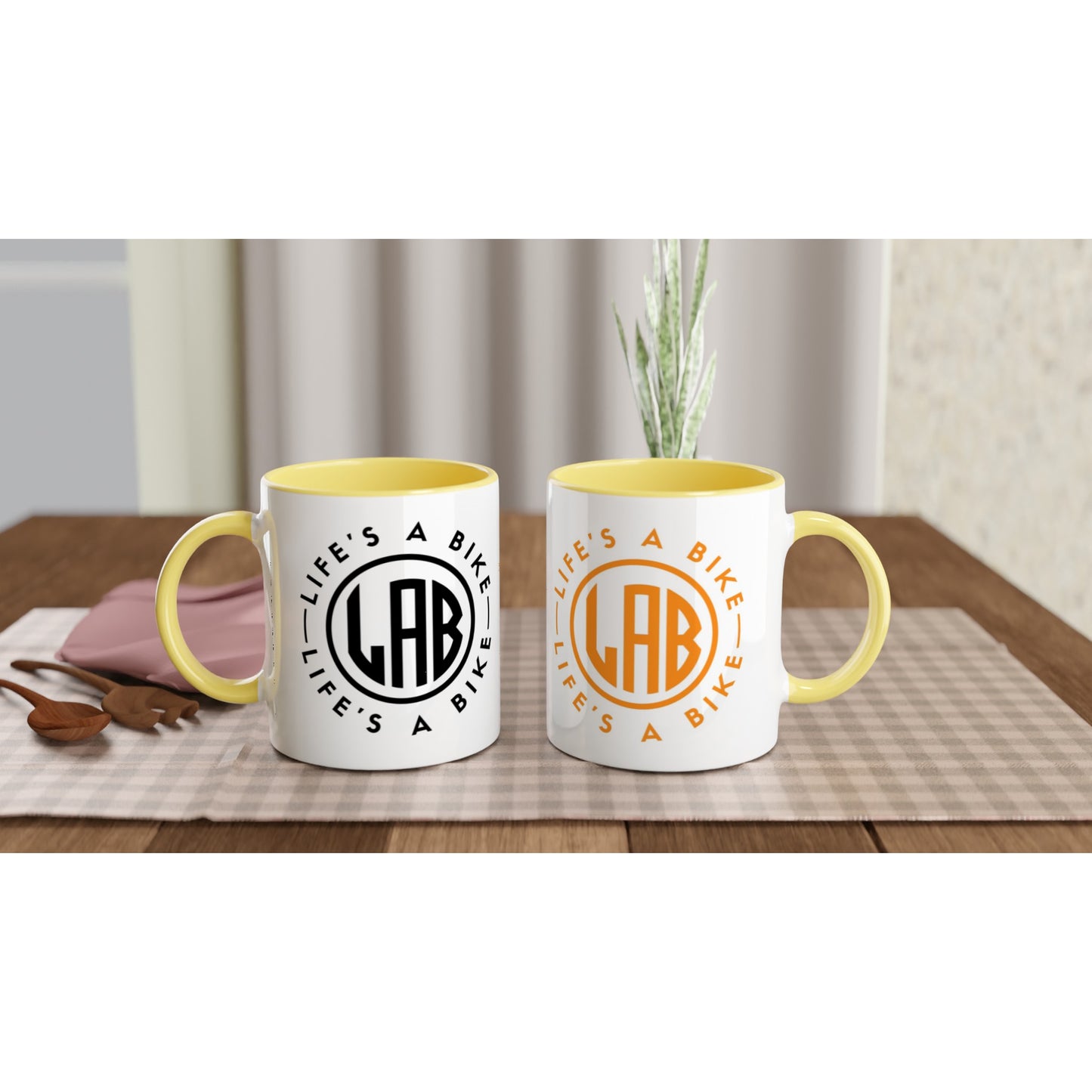 LAB White 11oz Ceramic Mug with Color Inside - Orange & Black logo