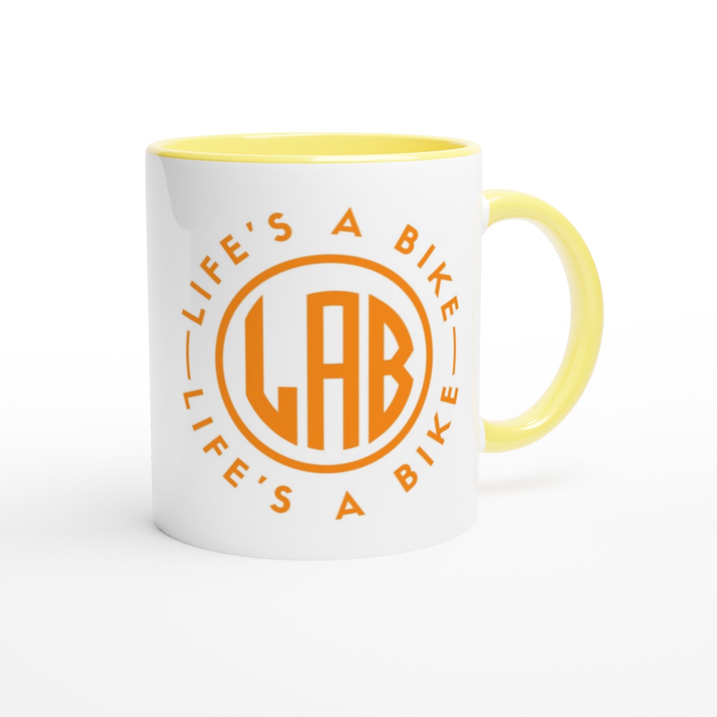 LAB White 11oz Ceramic Mug with Color Inside - Orange & Black logo