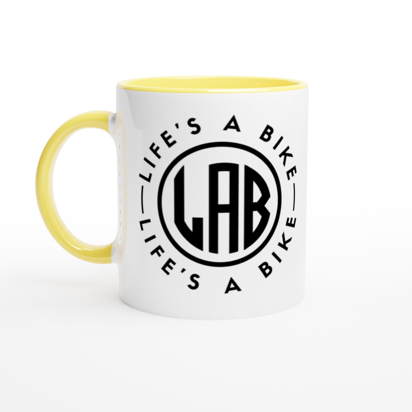 LAB White 11oz Ceramic Mug with Color Inside - Orange & Black logo